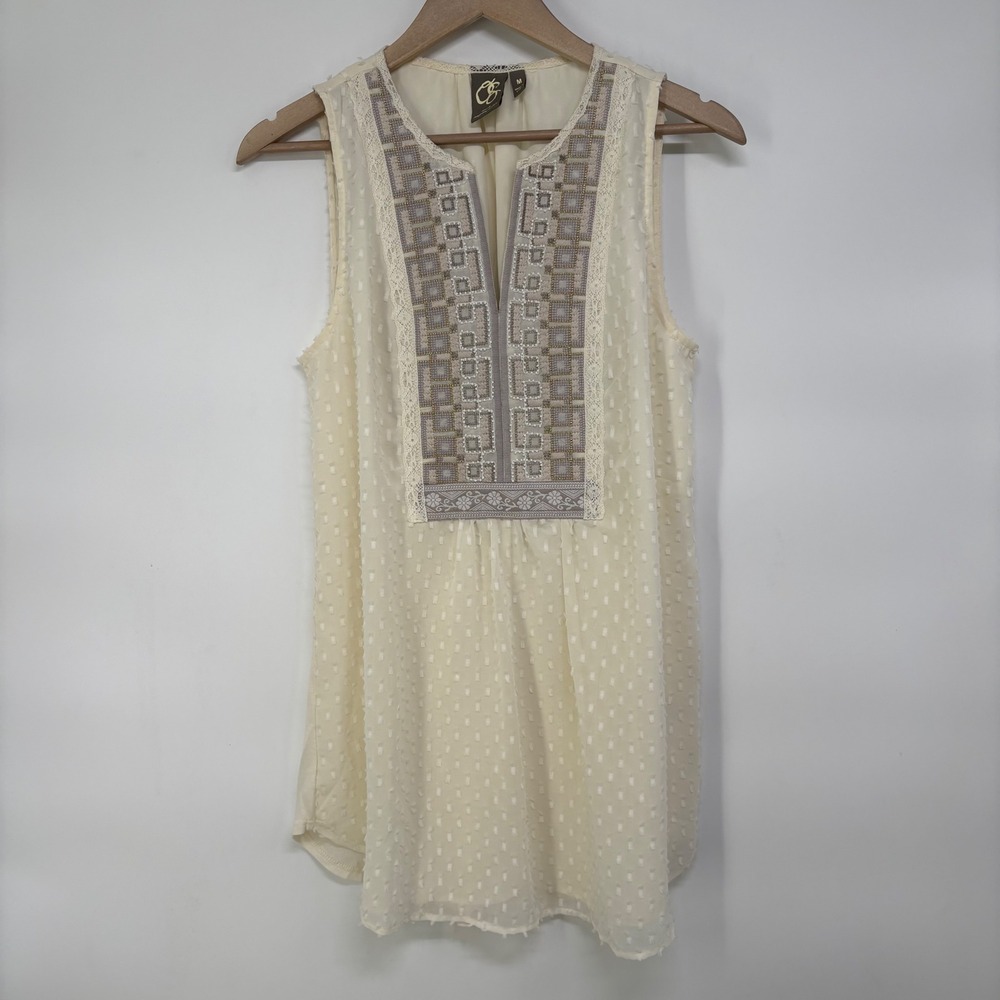 One September Anthropologie Cream Clip Dot Embroidered Top M Boho Chic Cottage
